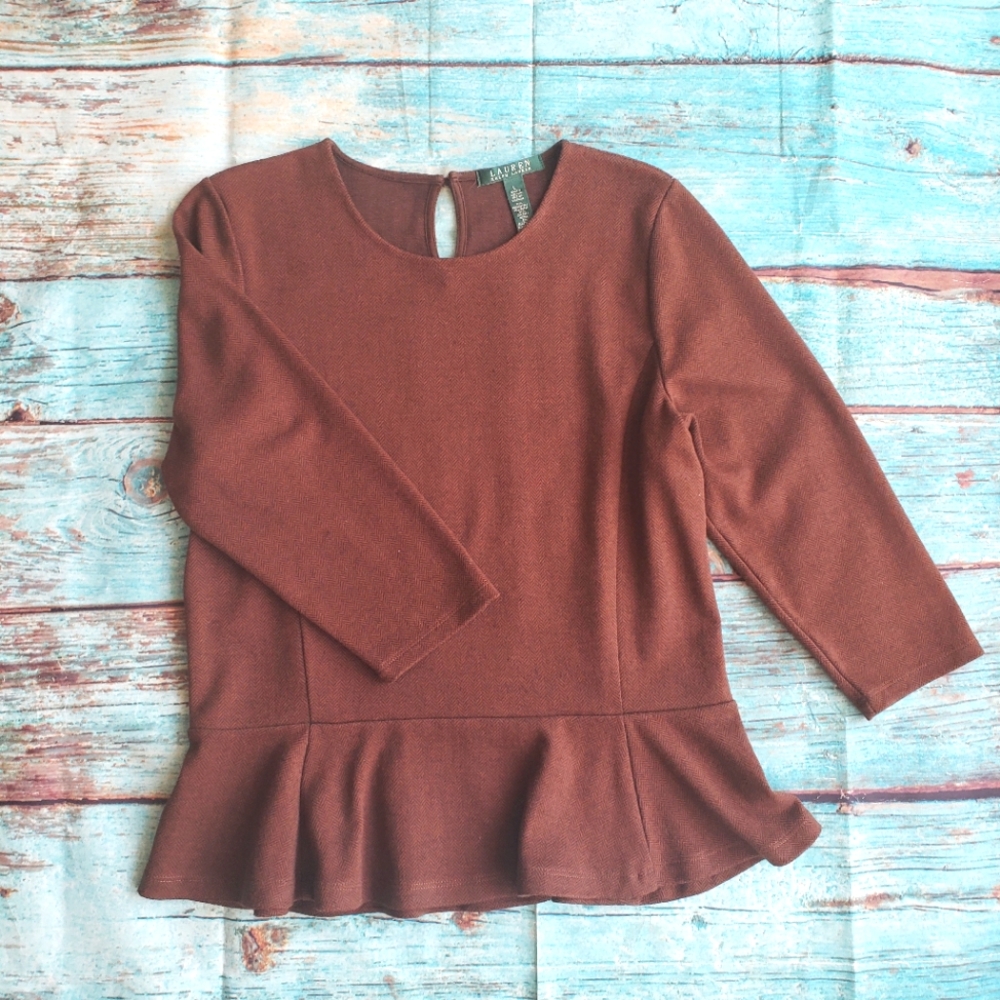 Lauren Ralph Lauren Brown Peplum Blouse Top Size Large